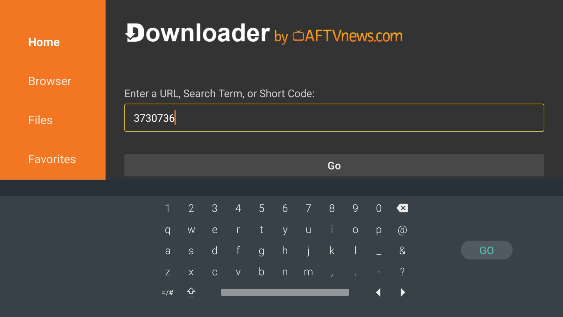 Entering code 3730736 into Downloader